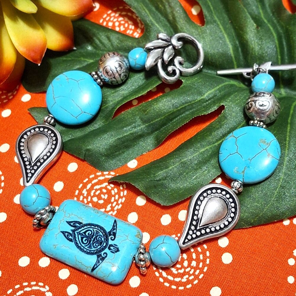Artisan Hand Crafted Bracelet Turtle Tribal Art Silver Turquoise Beaded OSFM - Picture 11 of 11